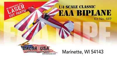 Balsa USA 1/4 Scale EAA Bipe Remote Control Balsa Wood Airplane Kit #449 - Image 1 of 3