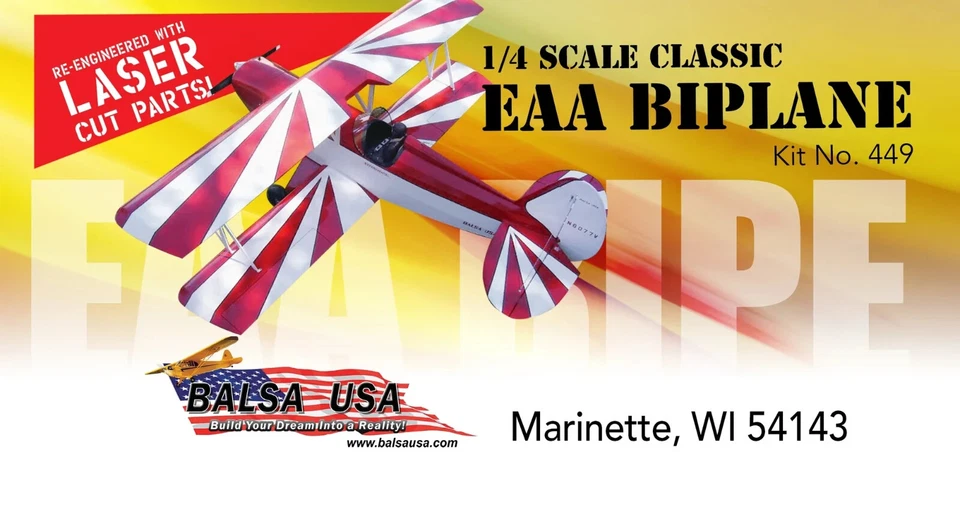 Balsa USA 1/4 Scale EAA Bipe Remote Control Balsa Wood Airplane Kit #449 - Image 1 of 3