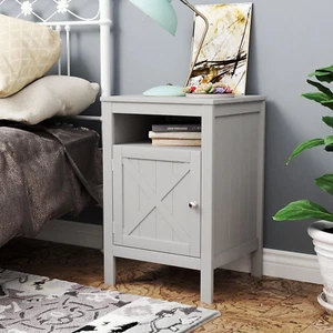 Grey Finish Nightstand Side End Table with Barn Door Cabinet and Open Shelf 26"  - Picture 1 of 3
