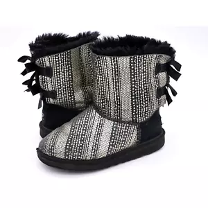 Ugg Boots Little Girl Size 3 Silver Black Mid Calf Pull On Shearling Lined Bows - Picture 1 of 13