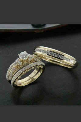 His Her Diamond Lab Created 14k Yellow Gold Plated Trio Bridal Wedding Ring Set - Image 1 of 4