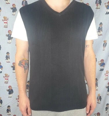 VTG 90s Structure Black Sweater Vest Ribbed Texture 100% Cotton Tight Knit XL - Image 1 of 4