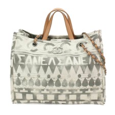 CHANEL Small Shopping Tote Bag Canvas Leather White Gray A91745 90082367