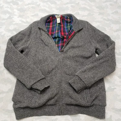 L.L. Bean Cardigan Sweater Mens XL Gray Rag Lambs Wool Full Zip Tartan Plaid - Image 1 of 4