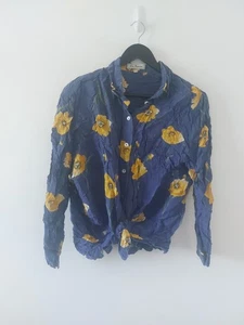 Vintage Womens Blouse Tie Front Top Shirt Size 14 16 Italian Blue Yellow Floral - Picture 1 of 10