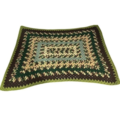 Vintage Crochet Green Brown Throw Blanket Shabby Chic Cottage Handmade Grandma Foto 1 de 4