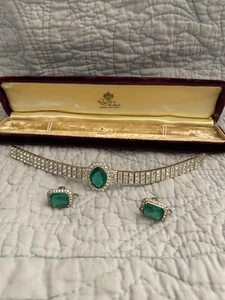 Vtg Art Deco Emerald & Paste Glass Rhinestone Stg Silver Bracelet & Earrings - Picture 1 of 15