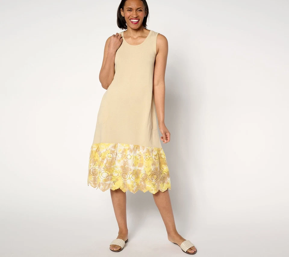 Vestido sin mangas modal de algodón pequeño LOGO de Lori Goldstein con ojales caqui pálido S nuevo Foto 1 de 1