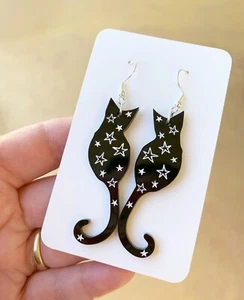Black Cats with Stars, Black Cat Acrylic Earrings - Picture 1 of 3