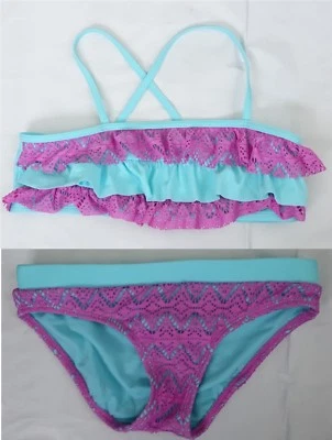 O'RAGEOUS aqua blue w purple geo crochet ruffle bikini top 10 & bottom pant 12 - Image 1 of 4