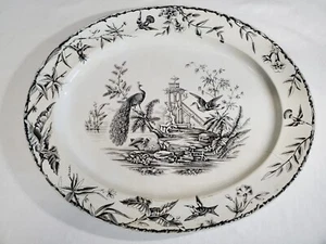 Antique Large Staffordshire Black Aesthetic Transferware Platter w/Birds 20"x16" - Picture 1 of 24