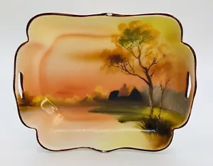 Plato Noritake M pintado a mano Sm festoneado borde dorado puesta de sol casa árbol lago Japón - Imagen 1 de 14
