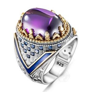 925 Sterling Silver Blue Enameled Cabochon Amethyst Stone Men's Ring - Picture 1 of 5