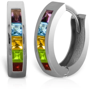 1.0 Carat 14K White Gold Elegant Hoop Huggie Earrings w/ Natural Multi Gemstones - Image 1 of 4