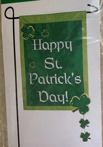 HAPPY ST. PATRICK’S DAY FLAG 12.5” x 18” EMBROIDERED DESIGN DANGLE SHAMROCKS - Picture 1 of 2
