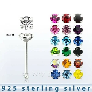 1PC. 22G 2mm Round CZ Prong Set Nose Bone .925 Sterling Silver Nose Stud Ring  - Picture 1 of 2