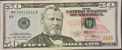 50 Dollar Bill, Trinary 019, 4 Pairs, 3 Consecutive Pairs, 2 Repeaters... - Image 1 of 3