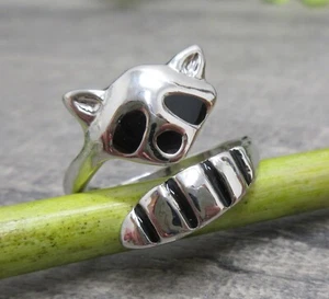 Racoon Ring Silver Tone Metal Black 6.5 Adjustable Open Band Cute Animal Jewelry - Picture 1 of 10
