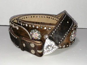 Nacona Calf Hair Studs &Rhinestone/Concho Waist Belt-L 45"long 3" wide MSR $125 - Picture 1 of 11