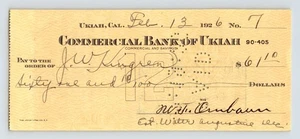 California Ukiah Commercial Bank 1926 Money Order Check 2.75" x 6.25" - Picture 1 of 2