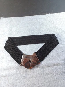 Black Seed Bead Stretch Elastic Belt Brown Wooden Clasp  28"+ - Picture 1 of 9