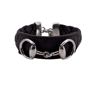 Bracciale Gucci in pelle intrecciata marrone scuro con morsetto in acciaio - Imagen 1 de 5