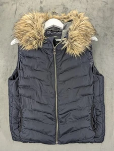 Gap Women's Navy Puffer Gilet Vest Size Large Faux Fur Hood Primaloft Full Zip  - Picture 1 of 12