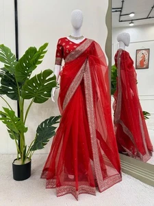 Diseñador Elegante Rojo Pesado Organza Seda Sari con Blusa para Ropa de Compromiso - Imagen 1 de 8