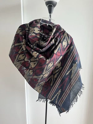 HEIRLOOM HANDWOVEN IKAT Black Burgundy COTTON SCARF SHAWL Stole Wrap From Nepal - Image 1 of 4