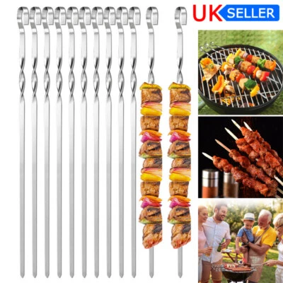 12/24/36PCS LONG Metal Kebab Grill Steel Sticks Flat  BBQ Skewers Barbecue Meat - Image 1 of 4