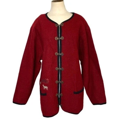 Vintage 80s Boiled Wool Cardigan Jacket Sz L Red Embroidered Country Classic - Image 1 of 4