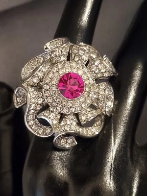 Enorme anillo floeer moderno de diamantes de imitación de 1,75 pulgadas de diámetro rosa piedra focal cóctel Foto 1 de 4