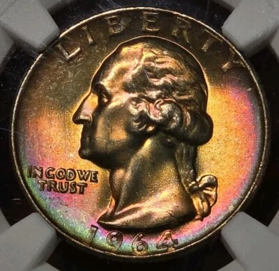 1964 D 25C Washington Quarter 25C NGC MS64 Rainbow Toned Unbelievably Attractive - Image 1 of 4