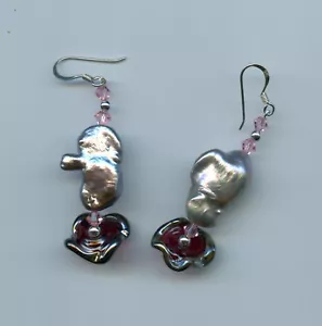 Sterling Silver, Keshi Pearls, Swarovski Crystals, Lampwork Beads Earrings(JoBe) - Picture 1 of 2