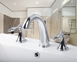 3 PIEZAS Grifo de baño cisne manijas dobles 3 orificios montaje en cubierta grifo mezclador - Imagen 1 de 3