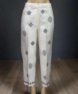 Vintage Jillian Jones Women's Cropped Pants Embroidered 100% Linen White Size 6 - Image 1 of 4