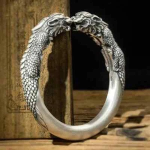 Chinese Vintage Wide Face Double Pixiu Simulation Adjustable Opening Bracelet - Picture 1 of 8