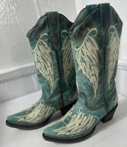 Corral Handcrafted Boots Turquoise Cross Wings Studded Embellished Women’s 7.5 - Picture 1 of 14