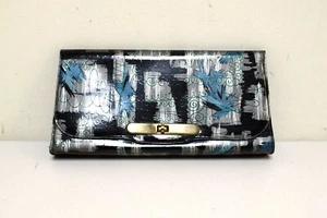 Vintage 1950s Black Gray Blue Shiny Vinyl Novelty Patterned Clutch Purse Wallet - Picture 1 of 6