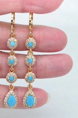 Pendiente de lujo turquesa con piedras preciosas naturales para dama chapado en oro amarillo de 14K Foto 1 de 4