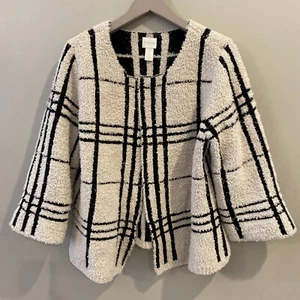 Chicos Cardigan Sz 2 Ivory Black Fuzzy Plaid 3/4 Sleeve Open Front Crop Womens - Picture 1 of 10