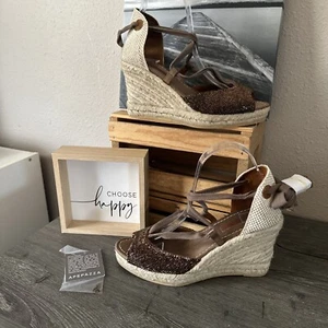 APEPAZZA BAHAMA Bronze Satin Beaded Ankle Tie Wedge Sandals 9/39 New Without Box - Picture 1 of 19