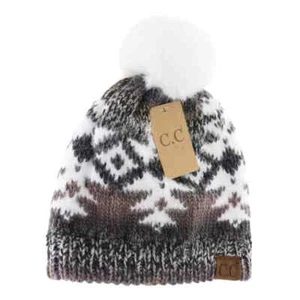 Womens C.C Exclusive Soft Aztec Southwest Pattern Beanie Hat With Faux Fur Pom - Picture 1 of 1