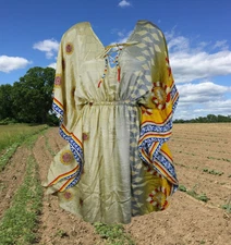 Travel Fashion, Womens Short Summer kaftan Dress, Handmade Yellow Cafftan M-XL