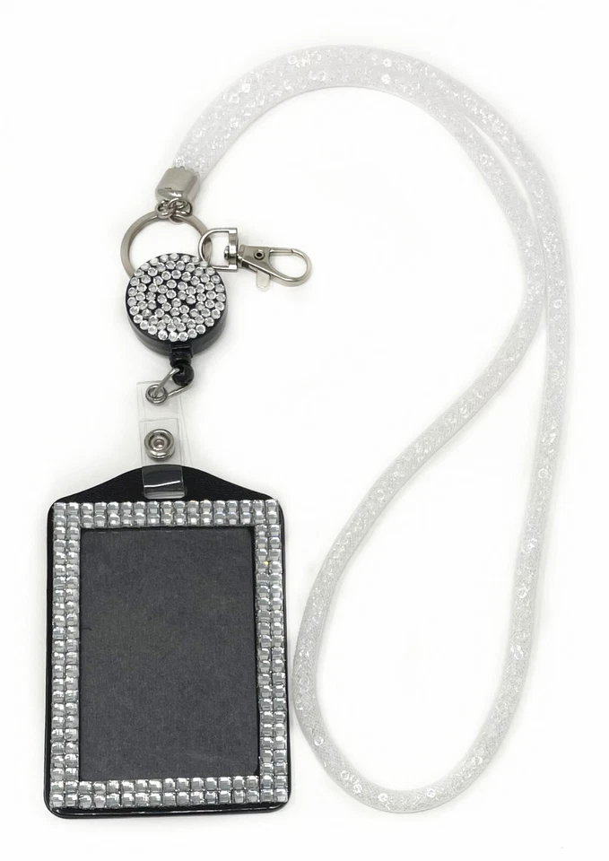 网眼水晶串珠 LANYARD 带可伸缩卷轴和垂直 ID 徽章夹 — 第 1/4 张图片