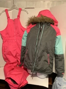 PINK PLATINUM Winter Puffer Ski Jacket & Snow Bib Pants 14 - 16 Hood faux fur - Picture 1 of 8