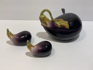 Vintage 3 pc Mancer Italy Eggplant Tureen w/ Ladle Salt and Pepper Shakers EUC! - Picture 1 of 15