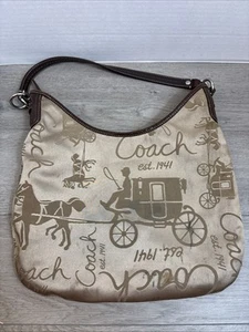 COACH HORSE AND CARRIAGE SATIN PURSE BAG TAN WITH DARKER TAN CARRIAGE READ - Picture 1 of 11