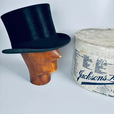 ANTIQUE SILK TOP HAT BLACK BEST LONDON MAKE KINGS CROWN SIZE 56CM - JACKSONS BOX - Image 1 of 4