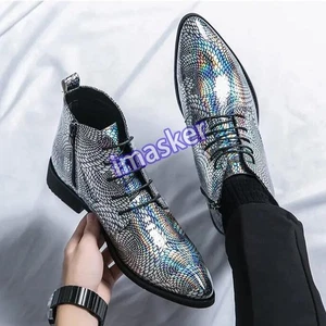 British Men's Pointed Toe Lace Up Zip Ankle Boots Nightclub Floral Casual Shoes - Picture 1 of 12
